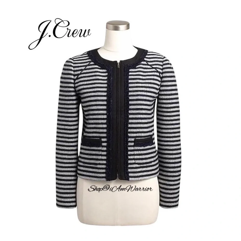 J.Crew navy striped braided trim tweed zip jacket *shop@iamwarrior